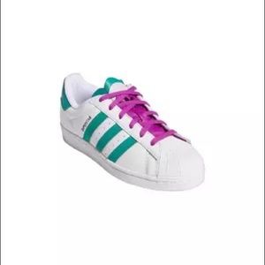 Adidas Superstar, white, glory green, sonic fuchsia, sz 6